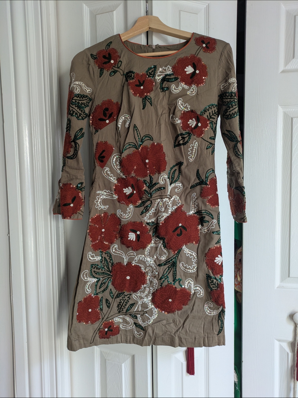 Embroidered Taupe Women’s Dress with Rust Floral Appliqué From Spain